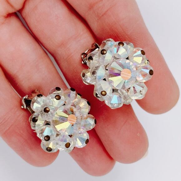 VTG MCM Signed Hobé Clip-On Earrings Aurora Borealis Crystal Cluster 1950s 1960s - Picture 2 of 10